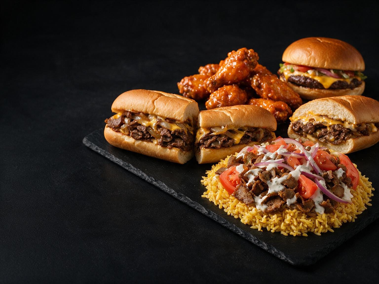 A spread of halal food: gyro platter, Philly sub, wings and a cheeseburger