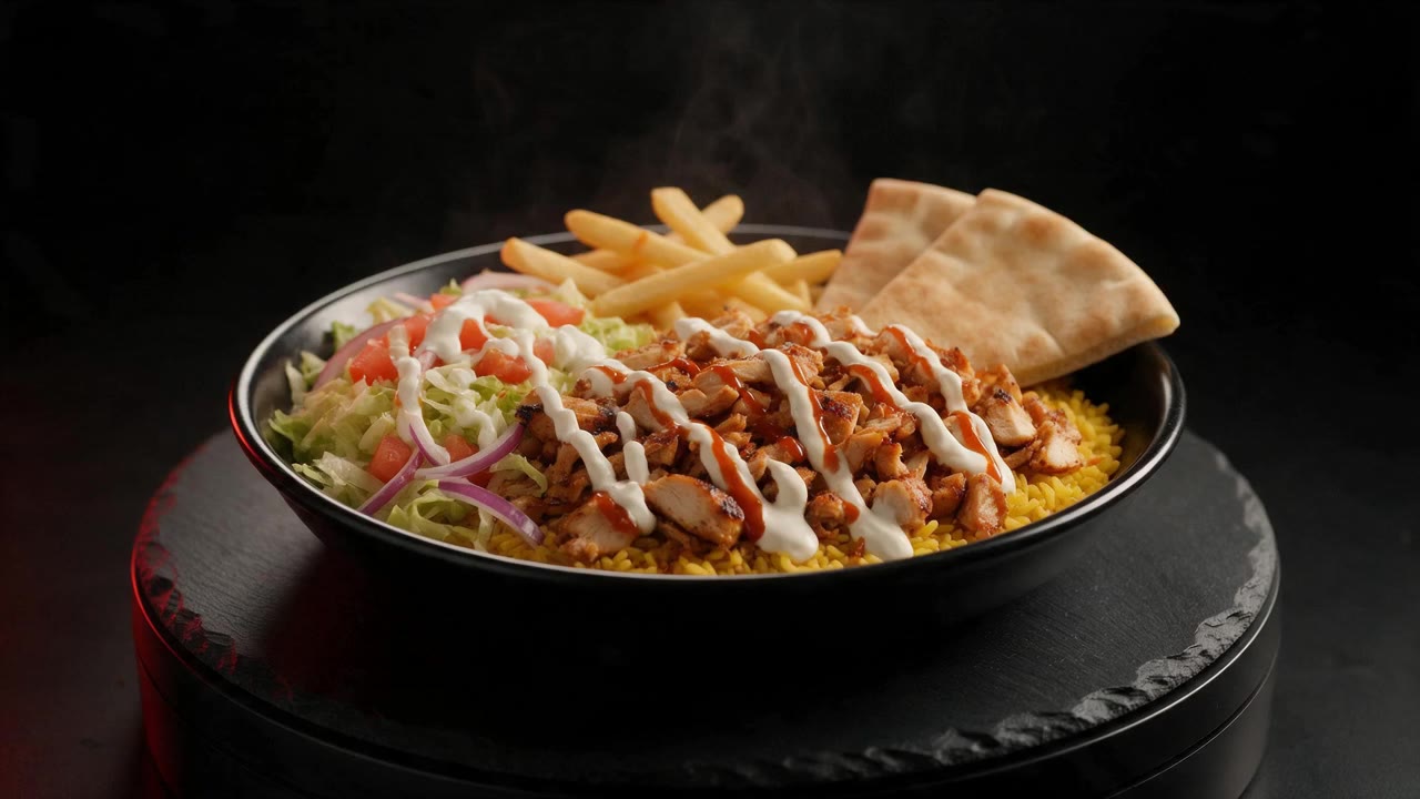 Halal chicken gyro platter on rice with white sauce and hot sauce